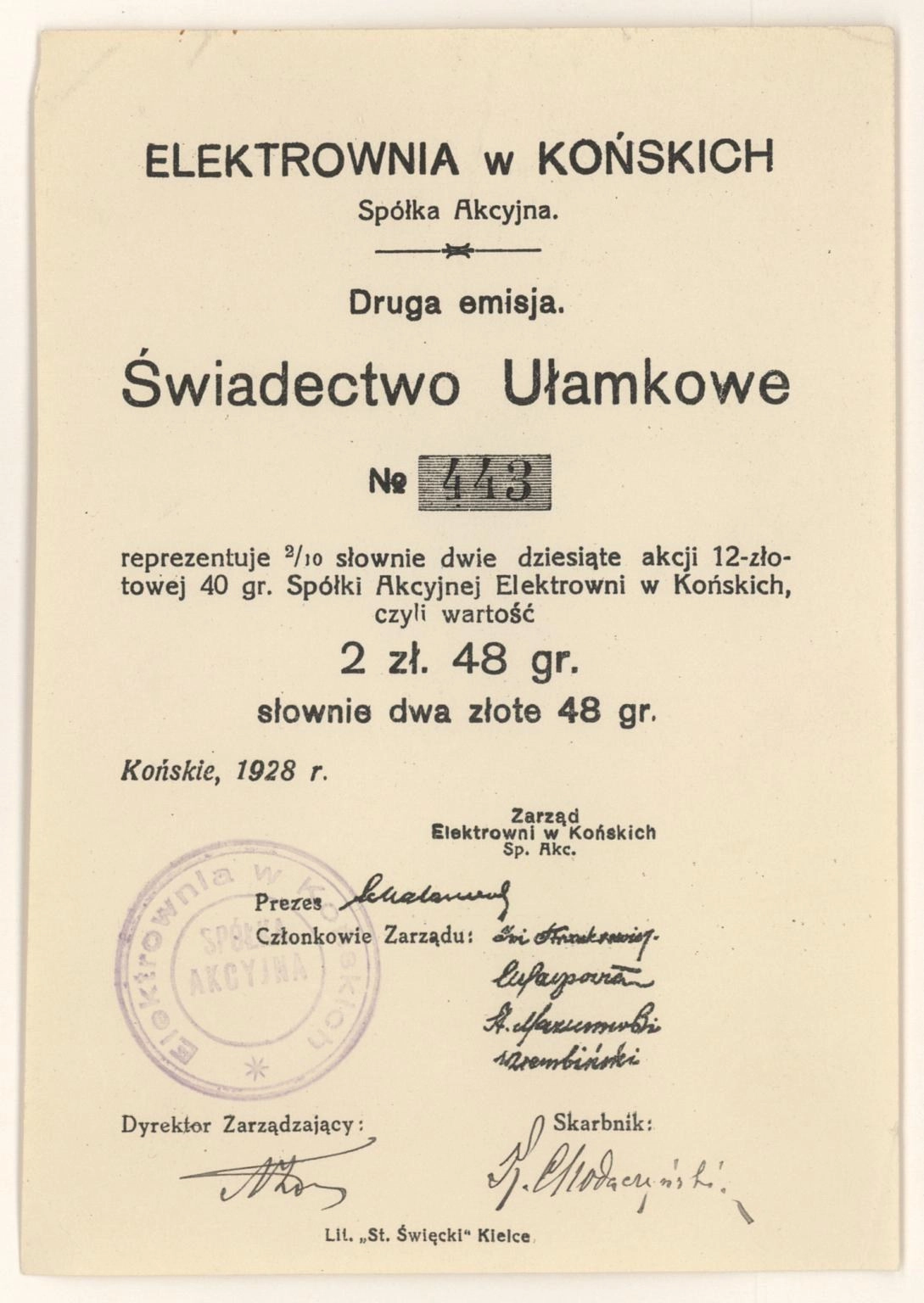 Zdjęcie akcji Elektrownia w Końskich Spółka Akcyjna