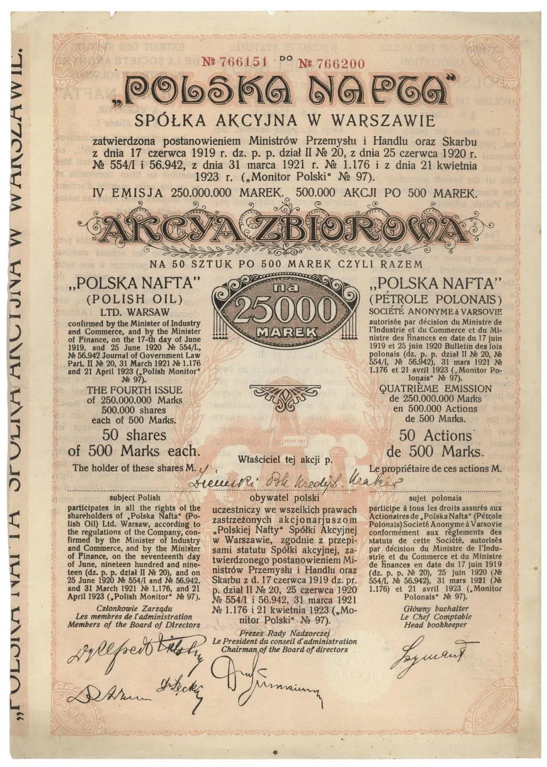 Zdjęcie akcji "Polska Nafta" Spółka Akcyjna w Warszawie