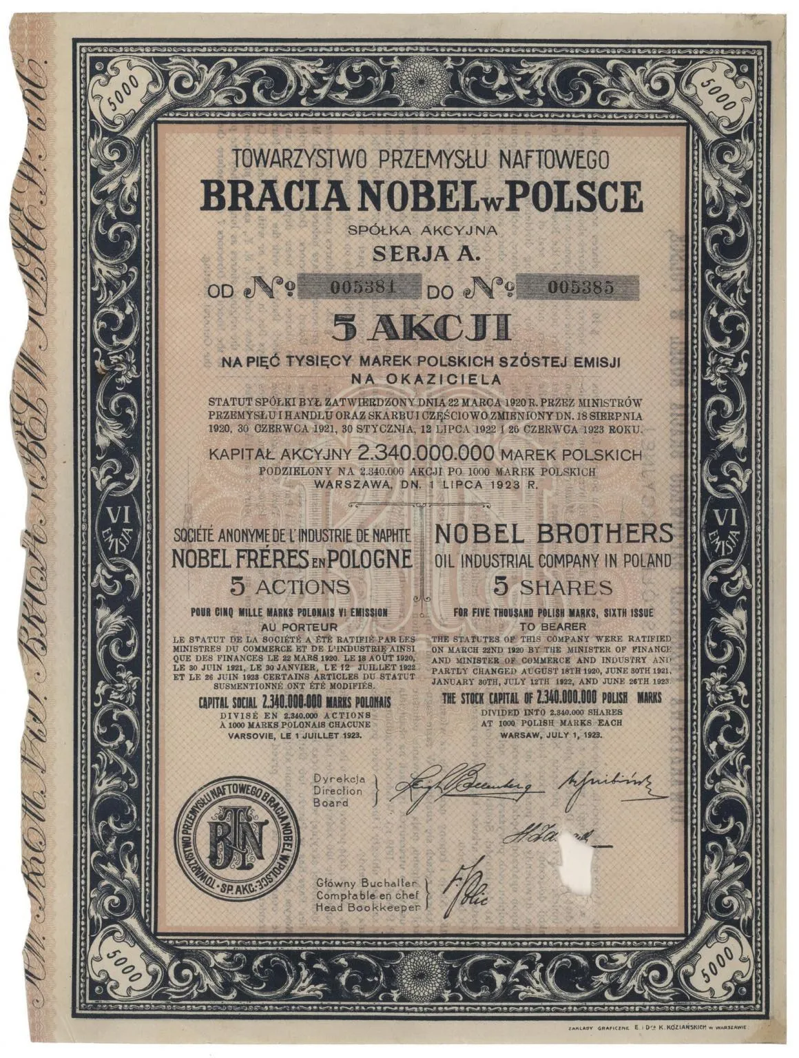 Zdjęcie akcji Towarzystwo Przemysłu Naftowego "Bracia Nobel w Polsce" Spółka Akcyjna