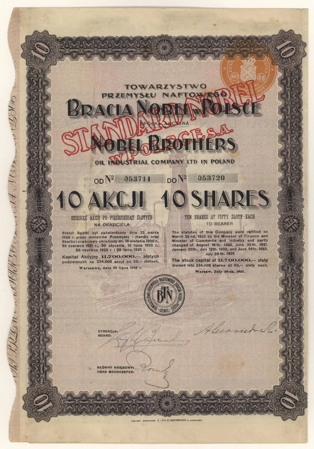 Zdjęcie akcji Towarzystwo Przemysłu Naftowego "Bracia Nobel w Polsce" Spółka Akcyjna