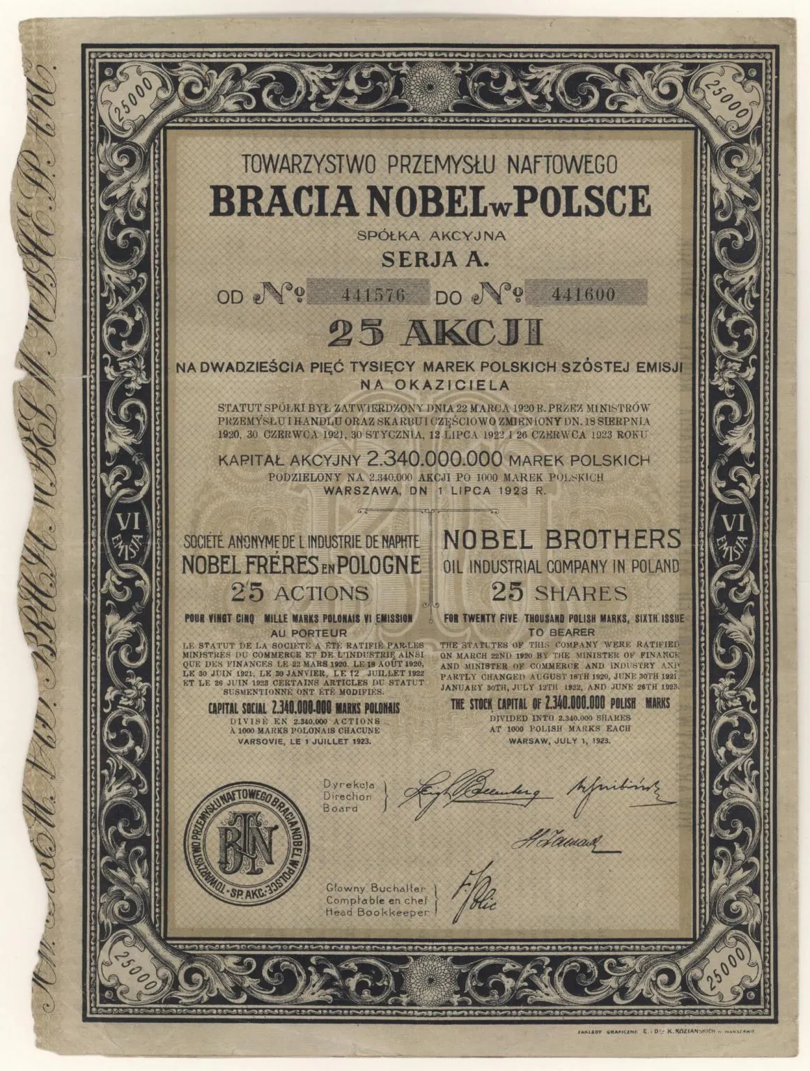 Zdjęcie akcji Towarzystwo Przemysłu Naftowego "Bracia Nobel w Polsce" Spółka Akcyjna