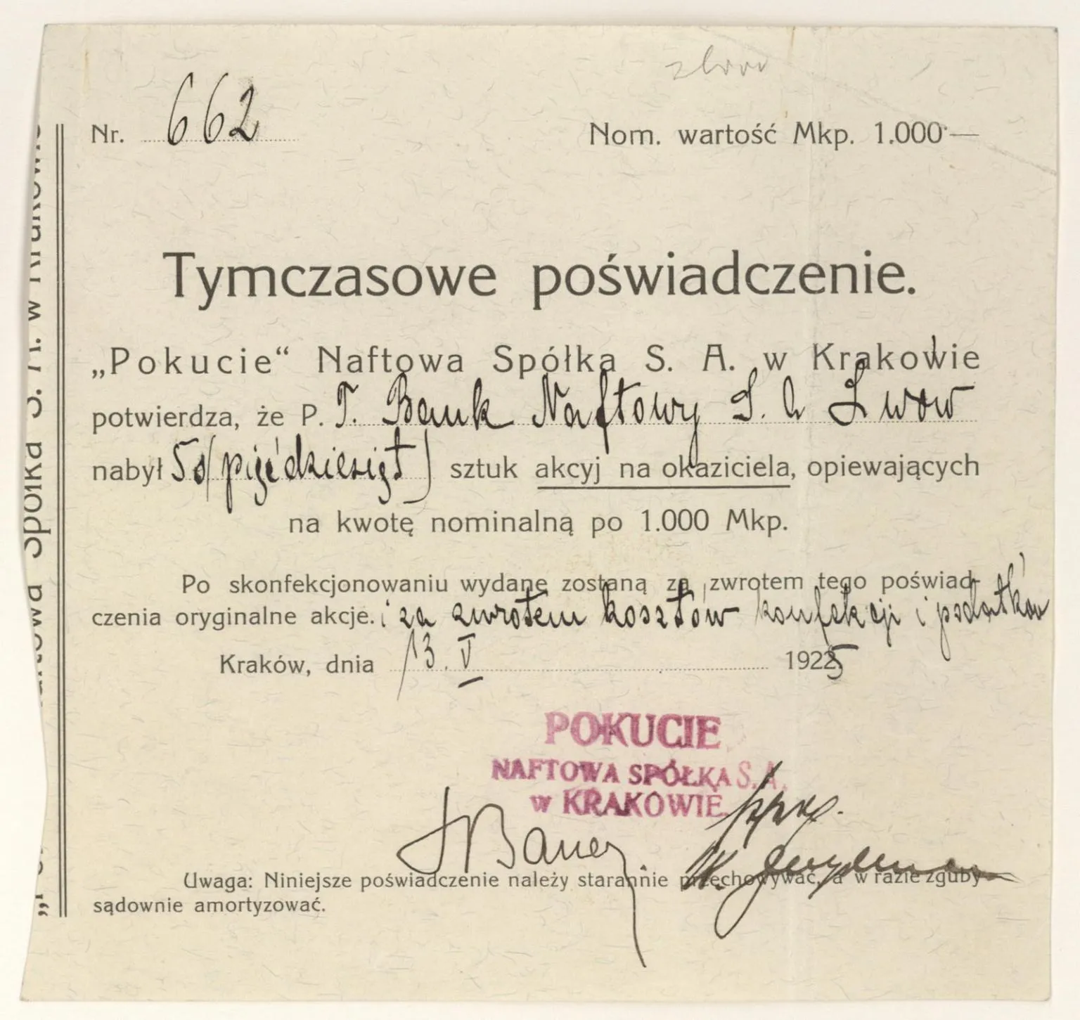 Zdjęcie akcji "Pokucie" Naftowa Spółka, Spółka Akcyjna w Krakowie