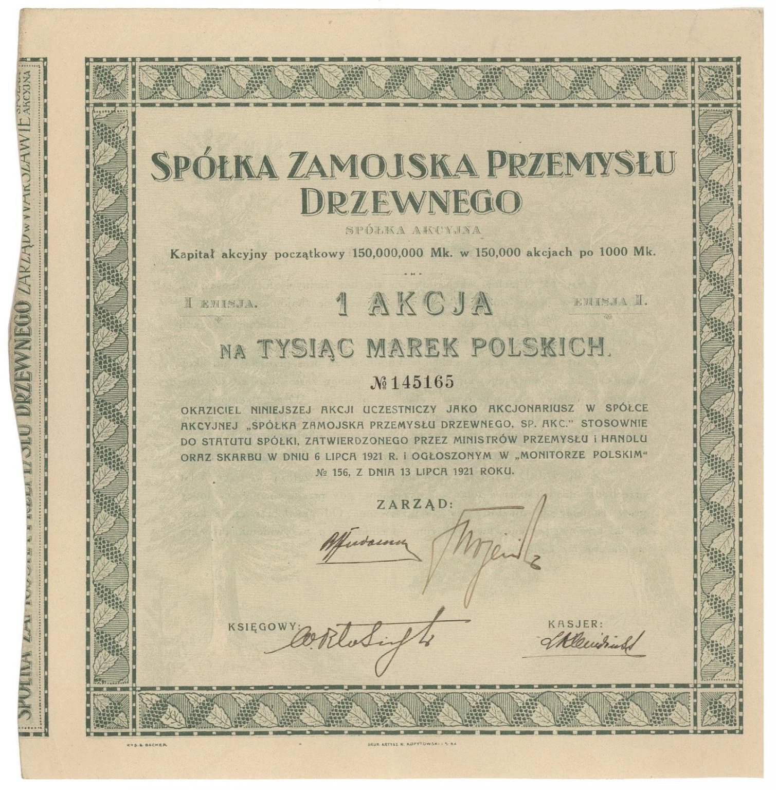 Zdjęcie akcji Spółka Zamojska Przemysłu Drzewnego Spółka Akcyjna