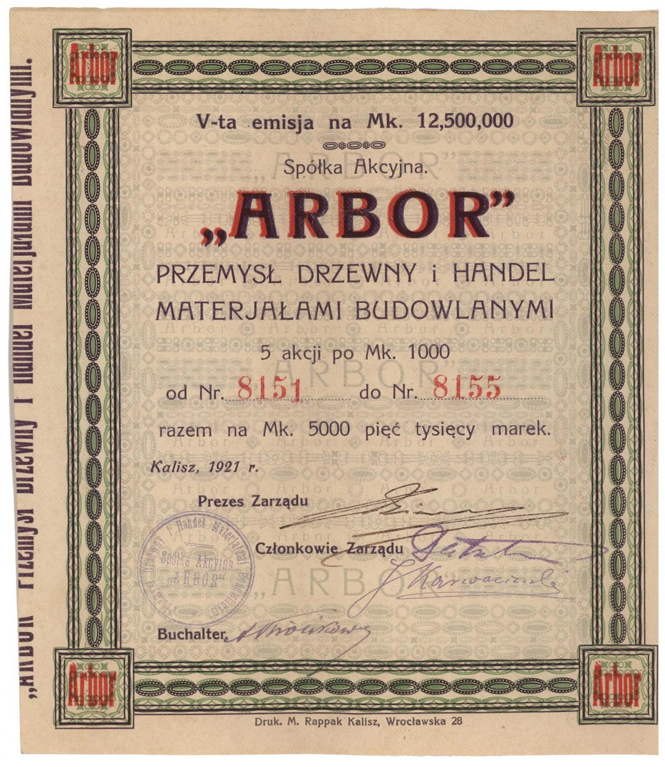 Zdjęcie akcji "Arbor" Przemysł Drzewny i Handel Materiałami Budowlanymi Spółka Akcyjna