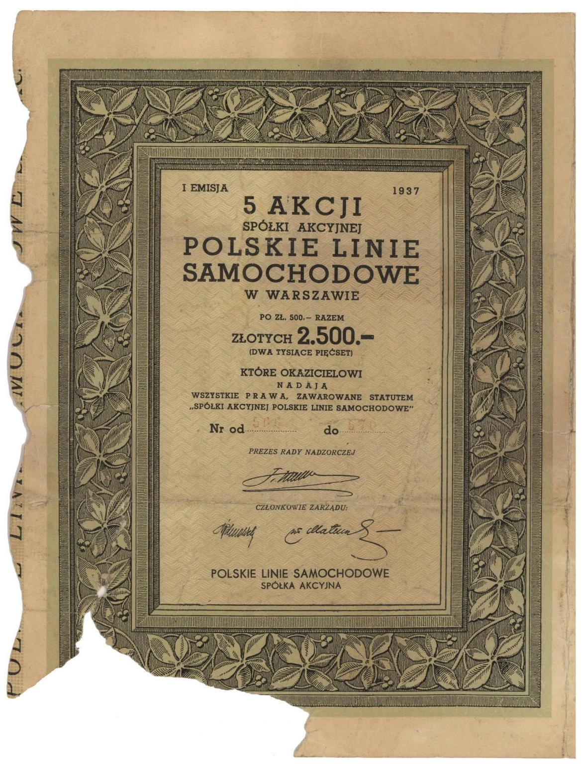 Zdjęcie akcji Polskie Linie Samochodowe Spółka Akcyjna