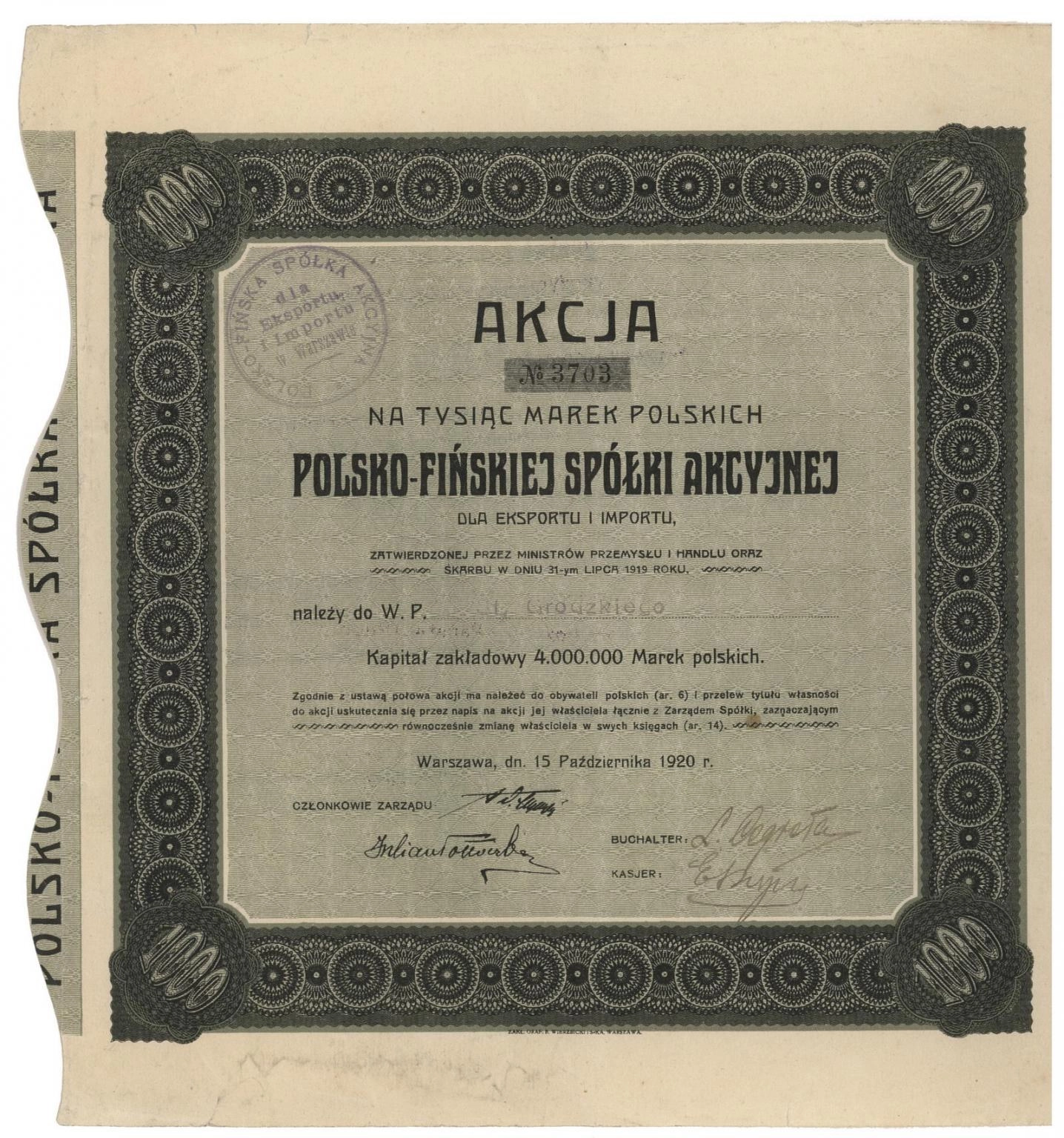 Zdjęcie akcji Polsko-Fińska Spółka Akcyjna dla Eksportu i Importu