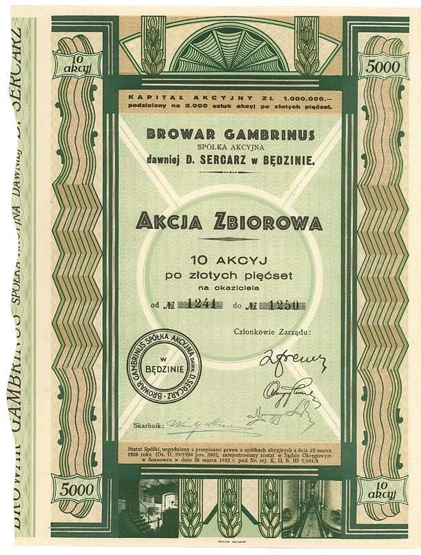 Zdjęcie akcji Browar Gambrinus Spółka Akcyjna dawniej D. Sercarz w Będzinie