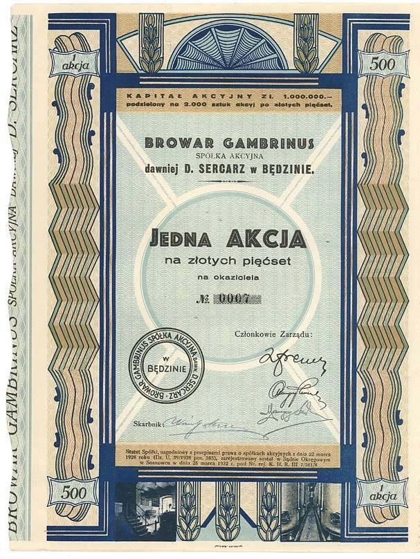 Zdjęcie akcji Browar Gambrinus Spółka Akcyjna dawniej D. Sercarz w Będzinie