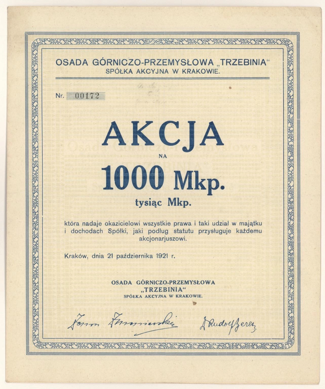 Zdjęcie akcji Osada Górniczo-Przemysłowa "Trzebinia" Spółka Akcyjna