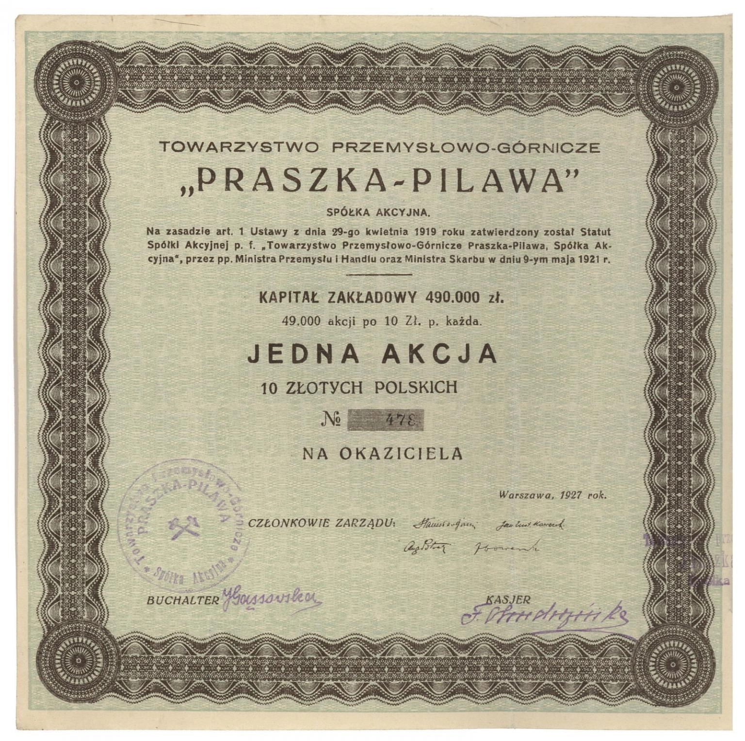 Zdjęcie akcji Towarzystwo Przemysłowo-Górnicze "Praszka-Pilawa" Spółka Akcyjna