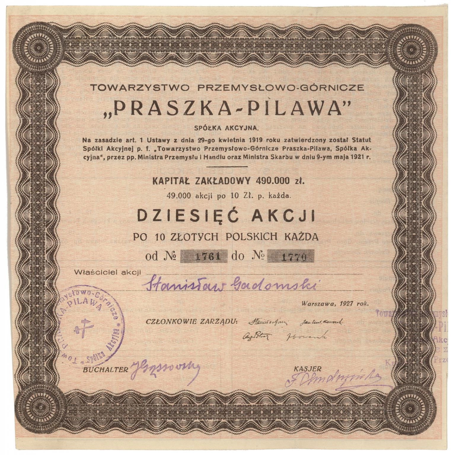 Zdjęcie akcji Towarzystwo Przemysłowo-Górnicze "Praszka-Pilawa" Spółka Akcyjna