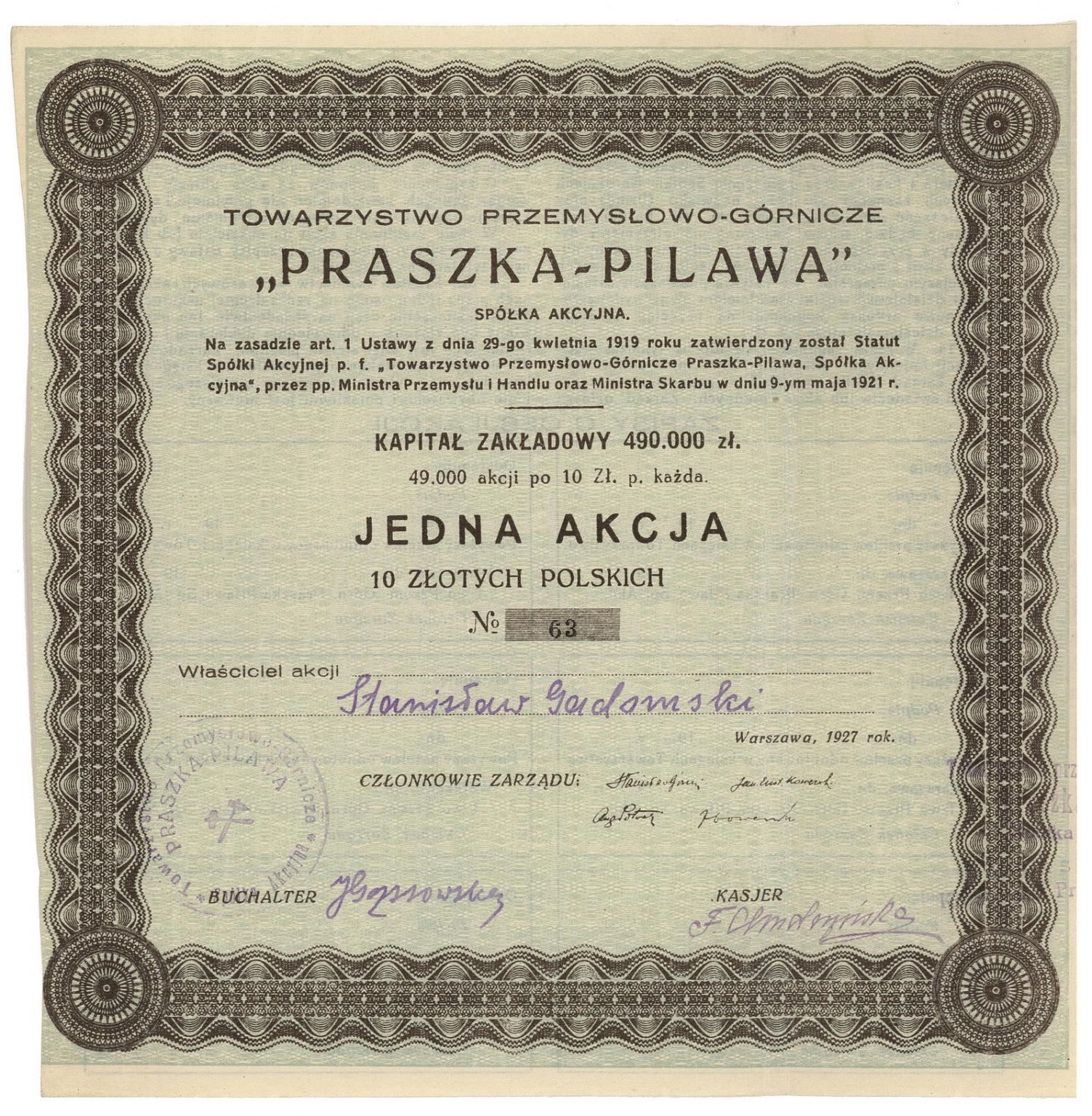 Zdjęcie akcji Towarzystwo Przemysłowo-Górnicze "Praszka-Pilawa" Spółka Akcyjna