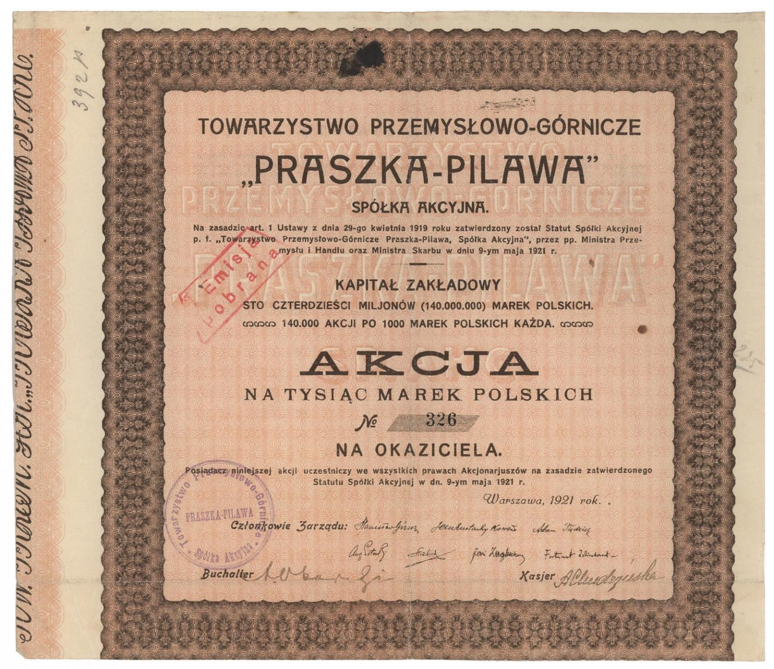 Zdjęcie akcji Towarzystwo Przemysłowo-Górnicze "Praszka-Pilawa" Spółka Akcyjna