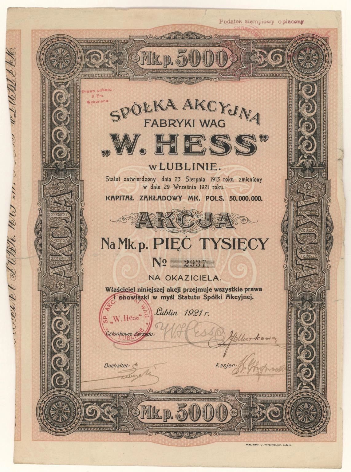 Zdjęcie akcji Fabryka Wag "W. Hess" Spółka Akcyjna