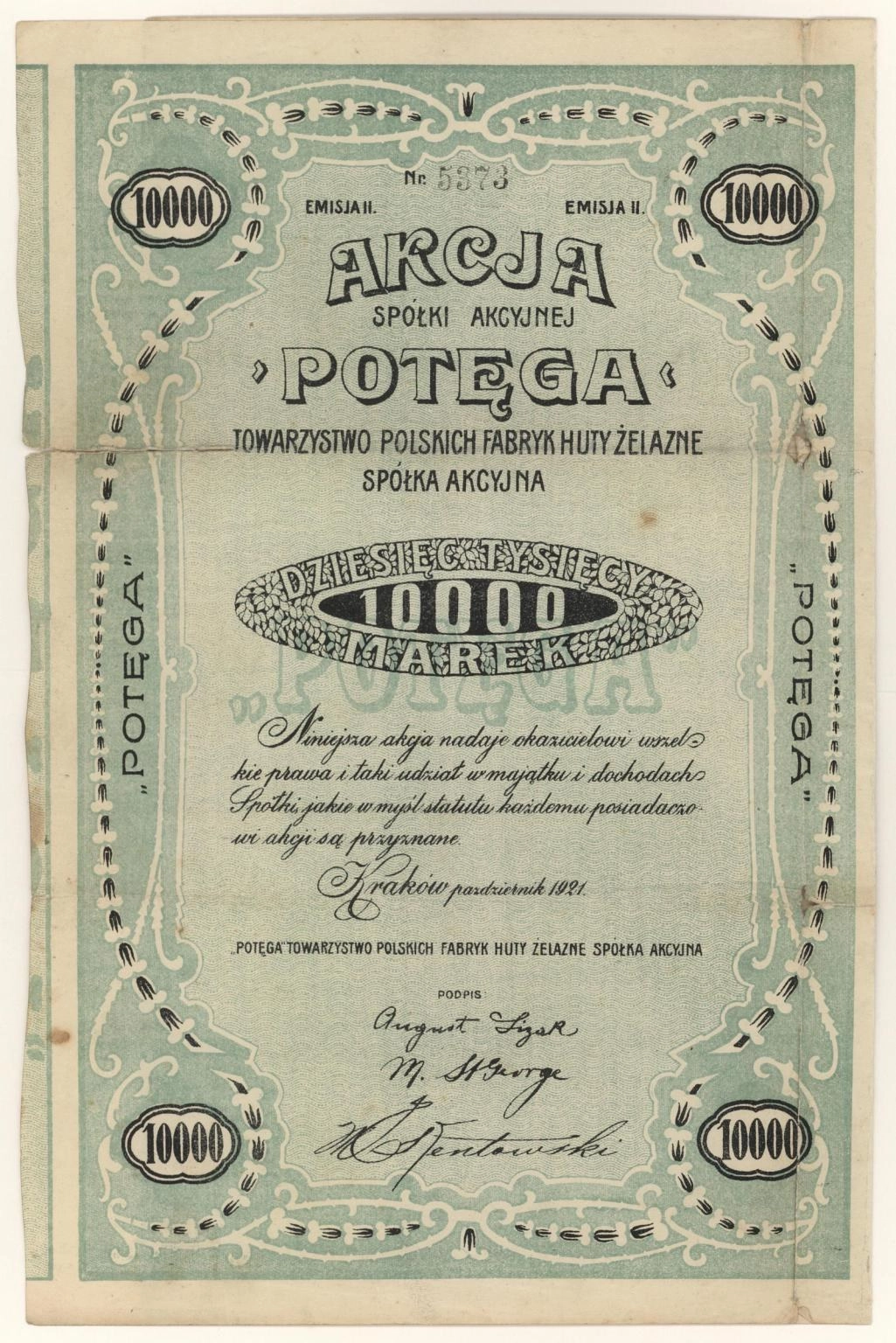 Zdjęcie akcji "Potęga" Towarzystwo Polskich Fabryk Huty Żelazne Spółka Akcyjna