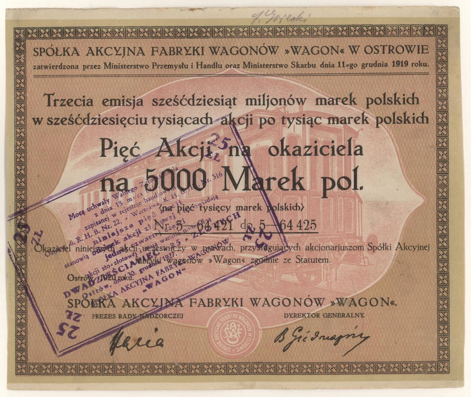 Zdjęcie akcji Spółka Akcyjna Fabryki Wagonów "Wagon" w Ostrowie