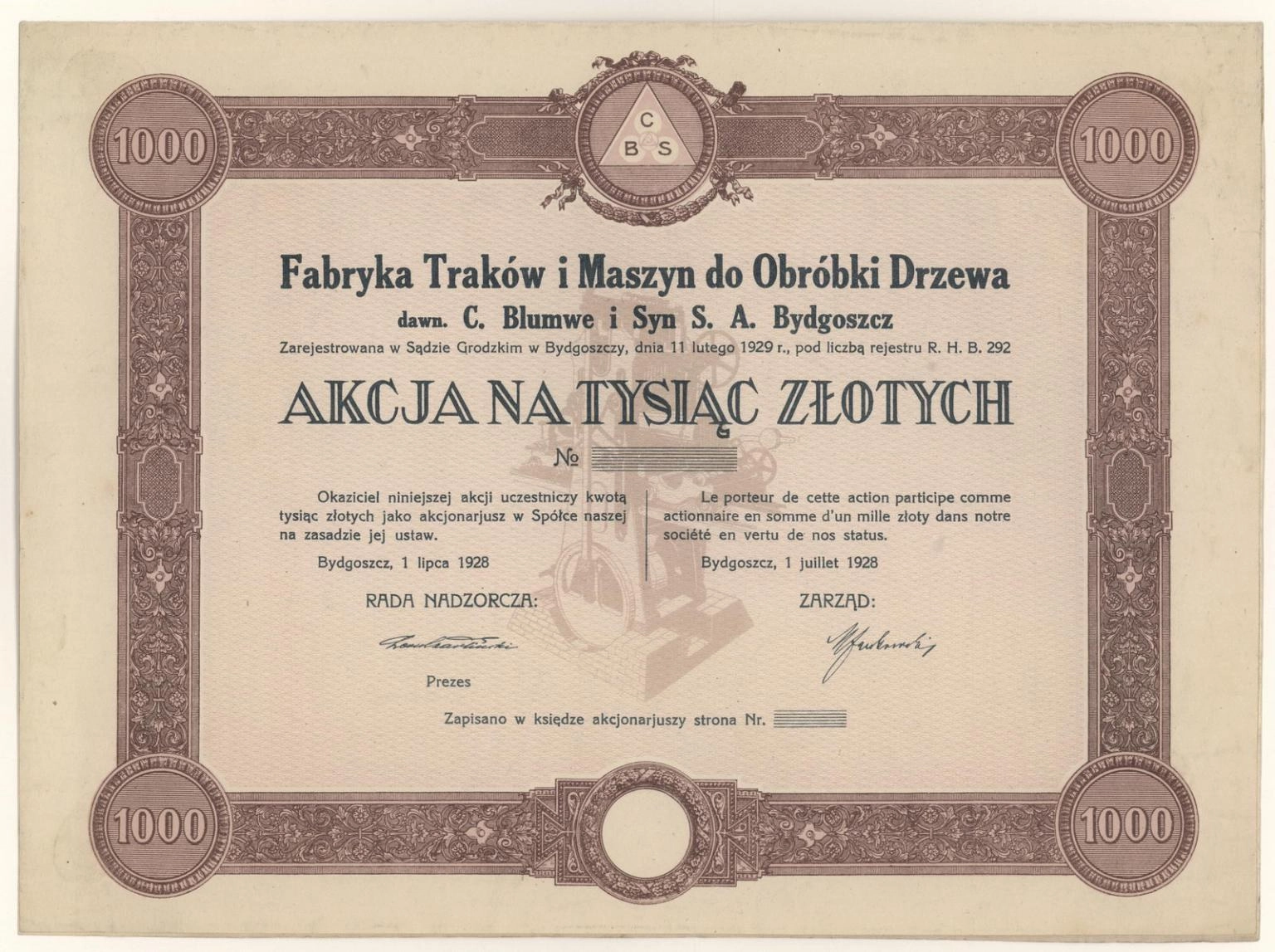 Zdjęcie akcji Fabryka Traków i Maszyn do Obróbki Drzewa dawniej "C. Blumwe i Syn" Spółka Akcyjna Bydgoszcz