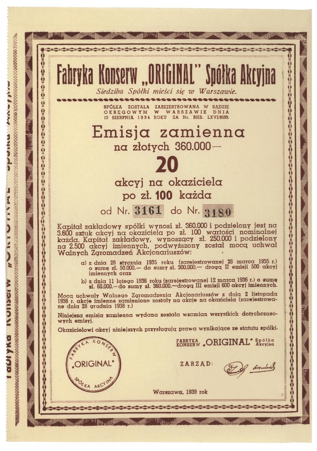 Zdjęcie akcji Fabryka Konserw "Original" Spółka Akcyjna