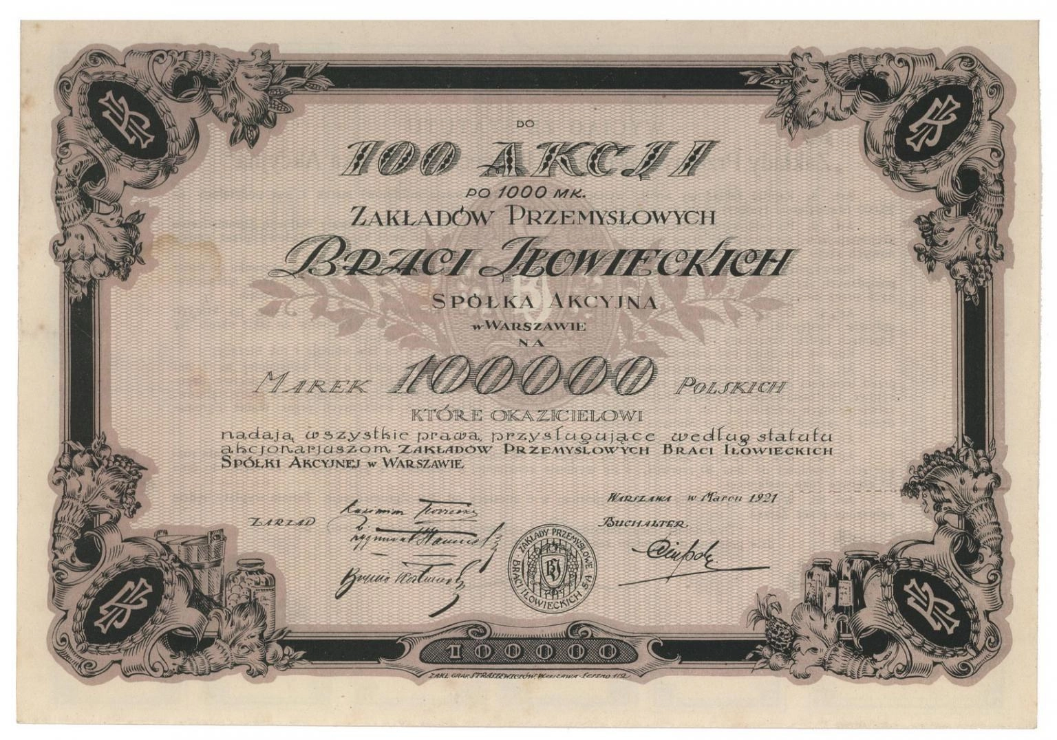 Zdjęcie akcji Zakłady Przemysłowe Braci Iłowieckich Spółka Akcyjna