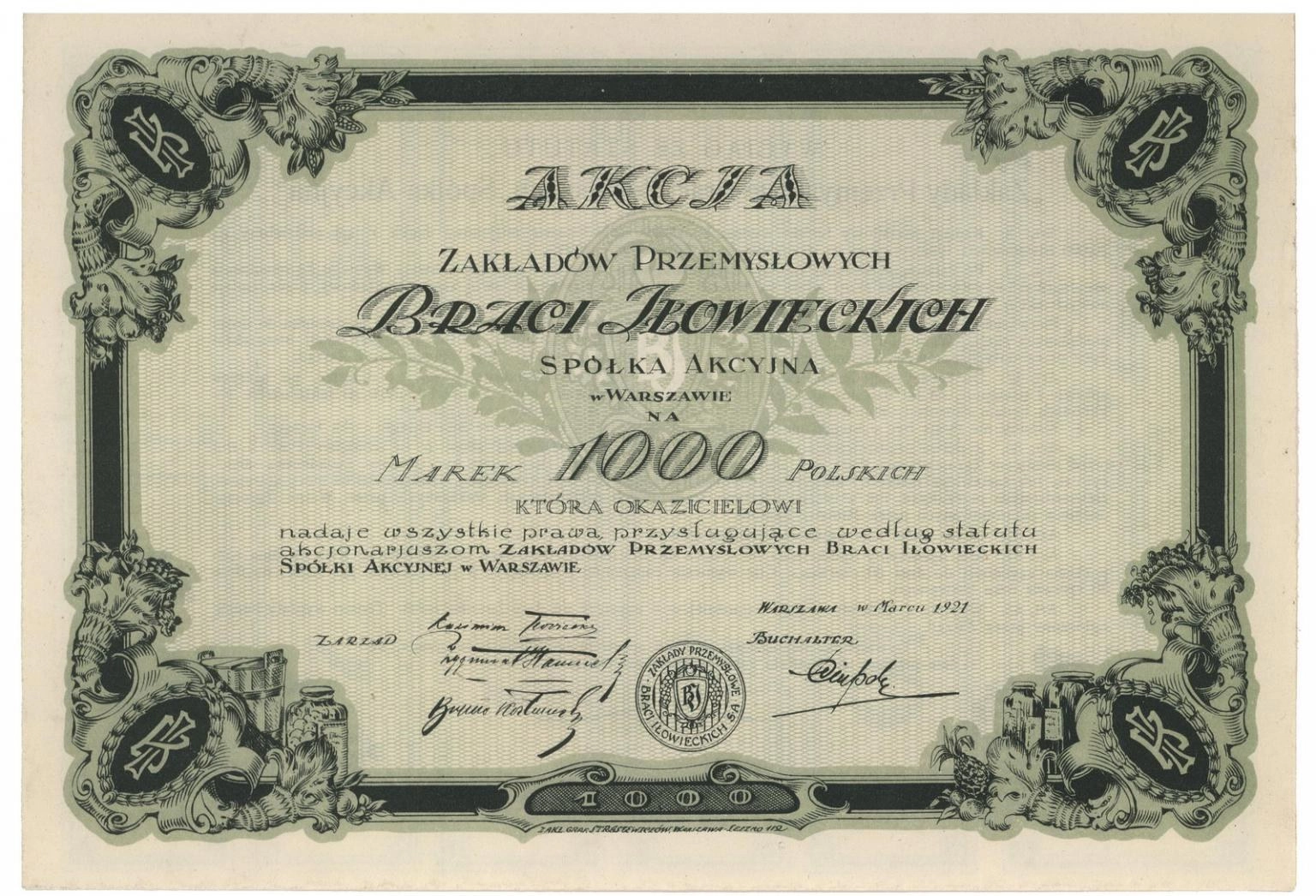 Zdjęcie akcji Zakłady Przemysłowe Braci Iłowieckich Spółka Akcyjna