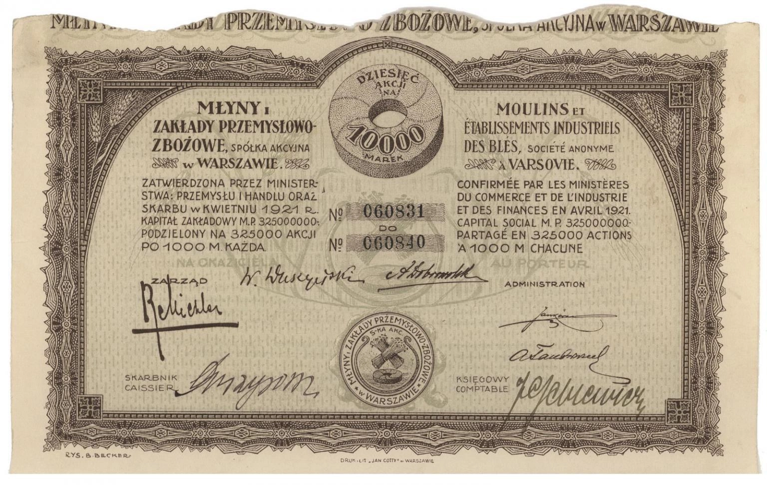Zdjęcie akcji Młyny i Zakłady Przemysłowo-Zbożowe Spółka Akcyjna