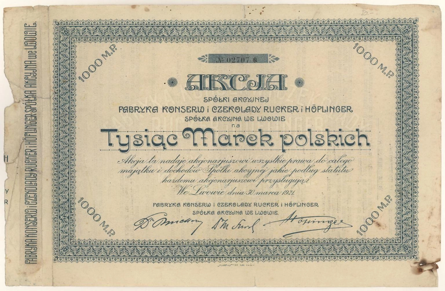 Zdjęcie akcji Fabryka Konserw i Czekolady "Rucker i Höflinger" Spółka Akcyjna we Lwowie