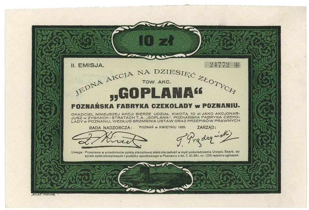 Zdjęcie akcji "Goplana" Poznańska Fabryka Czekolady Towarzystwo Akcyjne w Poznaniu