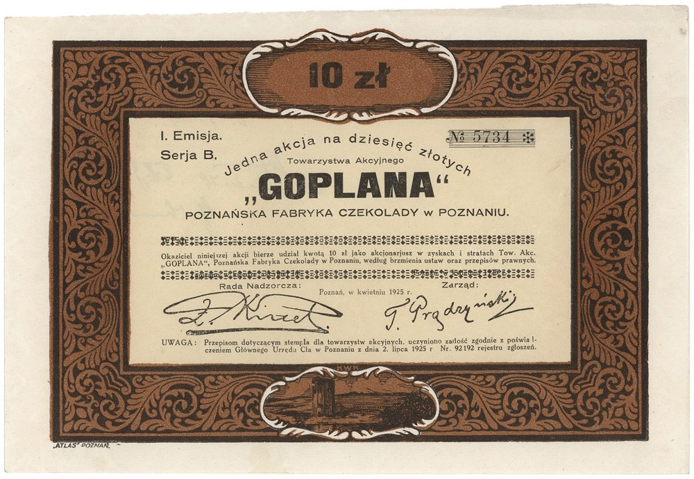 Zdjęcie akcji "Goplana" Poznańska Fabryka Czekolady Towarzystwo Akcyjne w Poznaniu