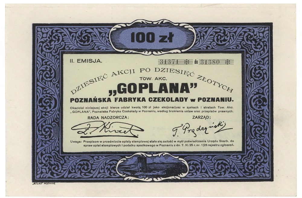 Zdjęcie akcji "Goplana" Poznańska Fabryka Czekolady Towarzystwo Akcyjne w Poznaniu