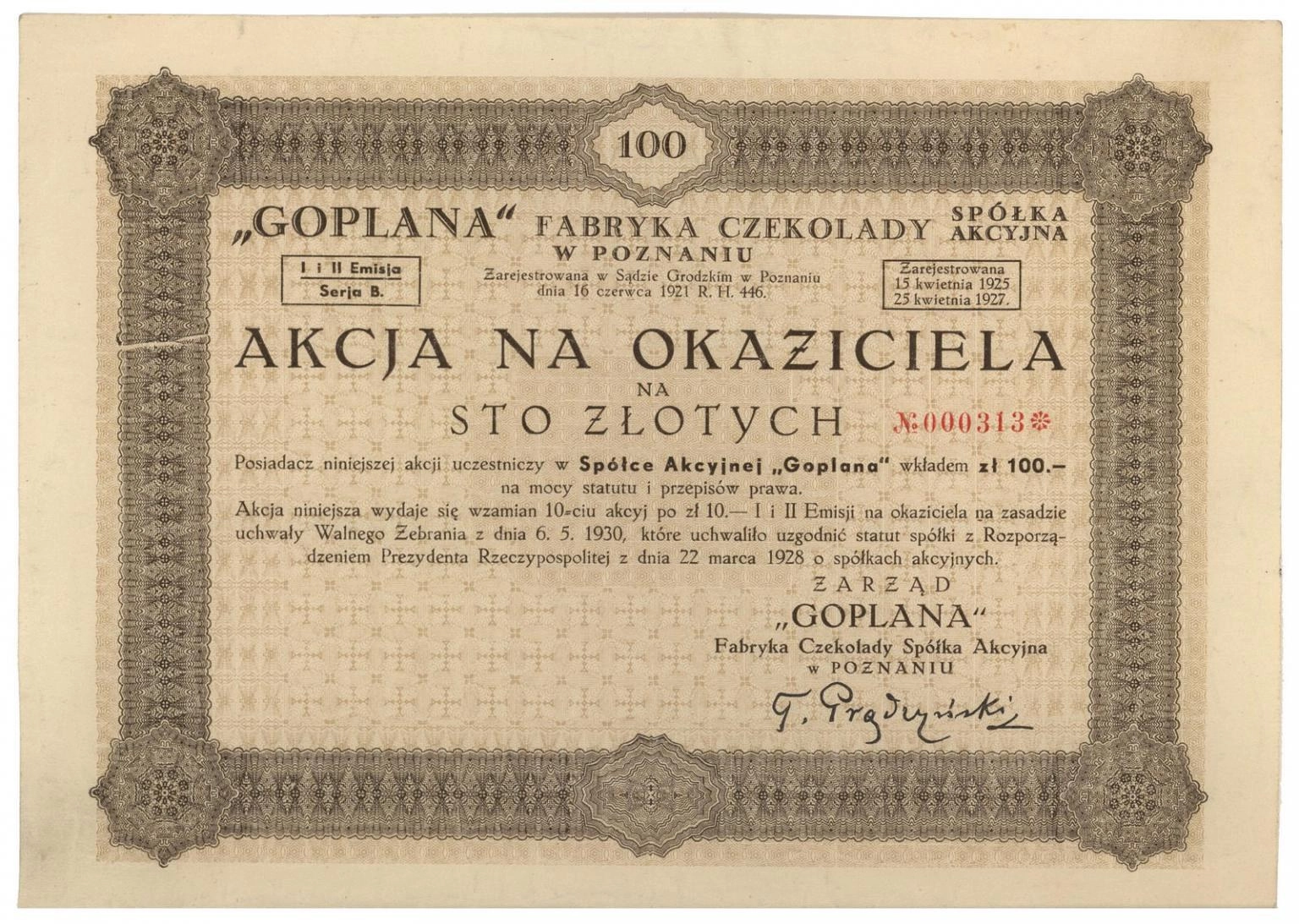 Zdjęcie akcji "Goplana" Fabryka Czekolady Spółka Akcyjna w Poznaniu