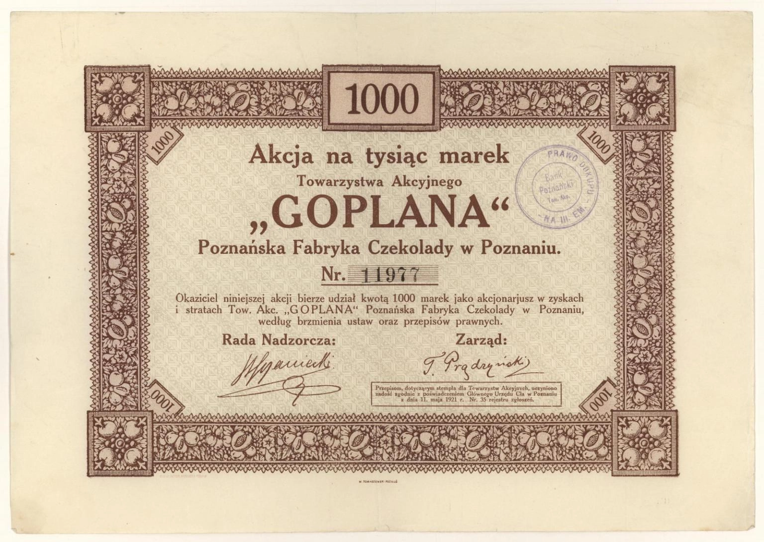 Zdjęcie akcji "Goplana" Poznańska Fabryka Czekolady Towarzystwo Akcyjne w Poznaniu