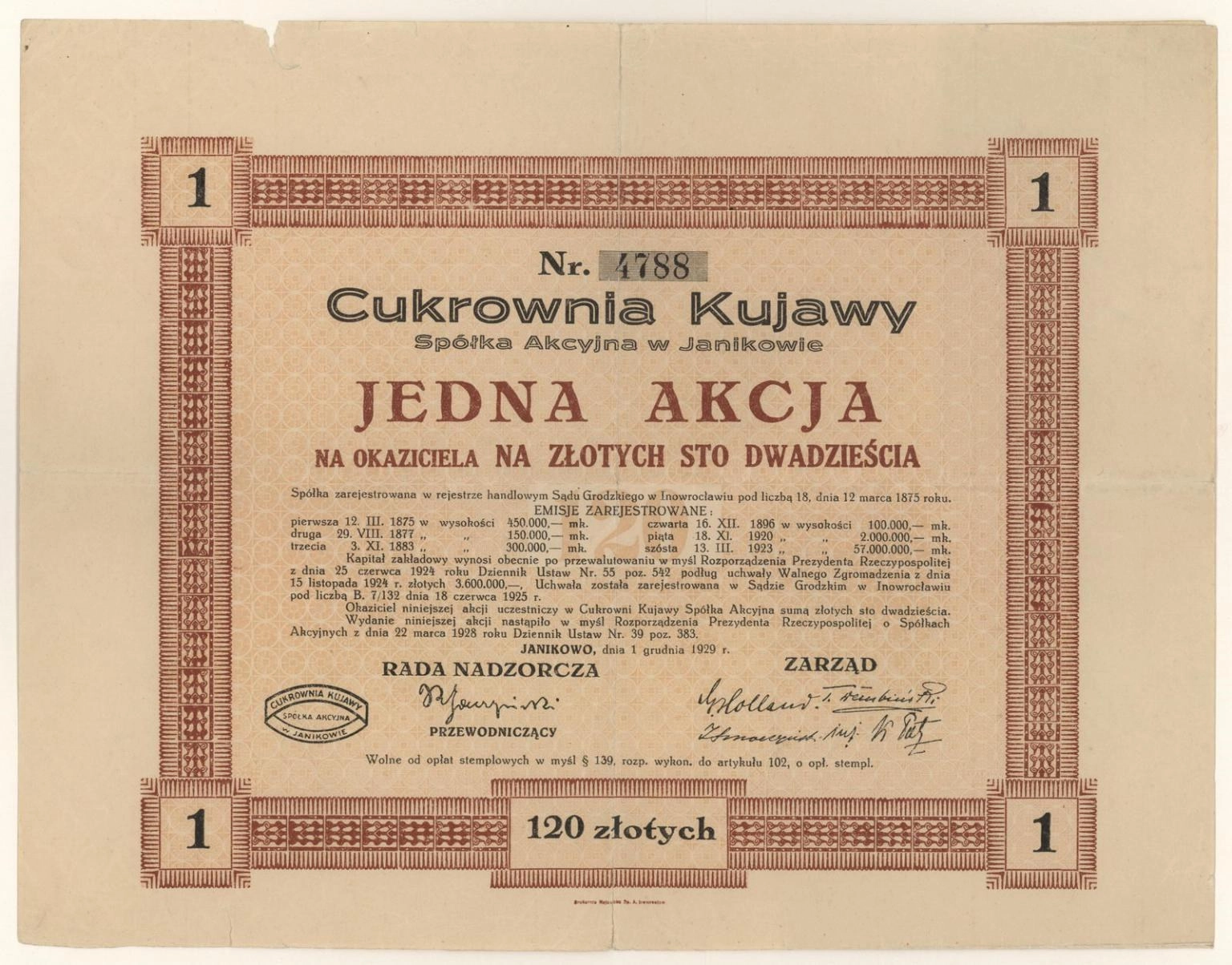 Zdjęcie akcji Cukrownia "Kujawy" Spółka Akcyjna