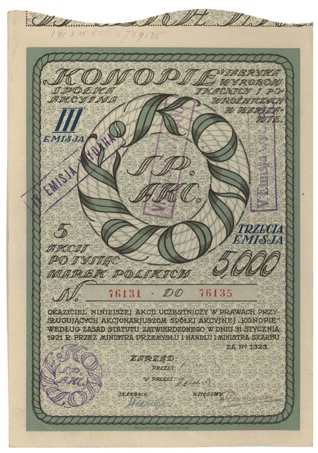 Zdjęcie akcji "Konopie" Fabryka Wyrobów Tkackich i Powroźniczych w Warszawie Spółka Akcyjna