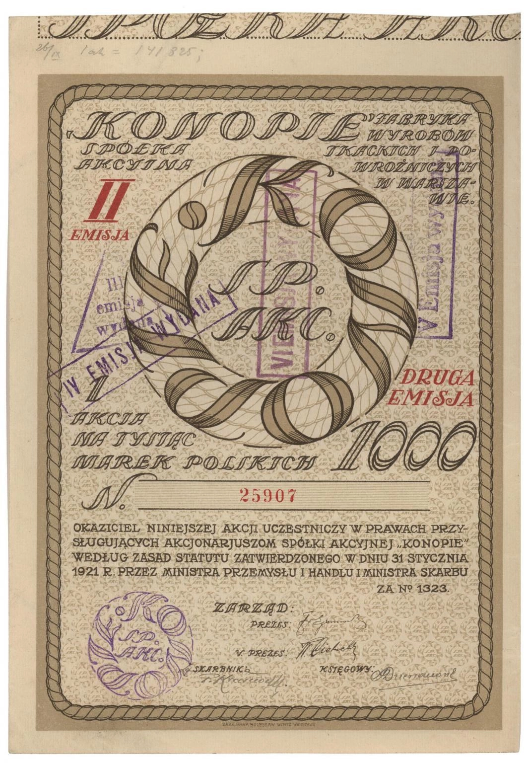 Zdjęcie akcji "Konopie" Fabryka Wyrobów Tkackich i Powroźniczych w Warszawie Spółka Akcyjna