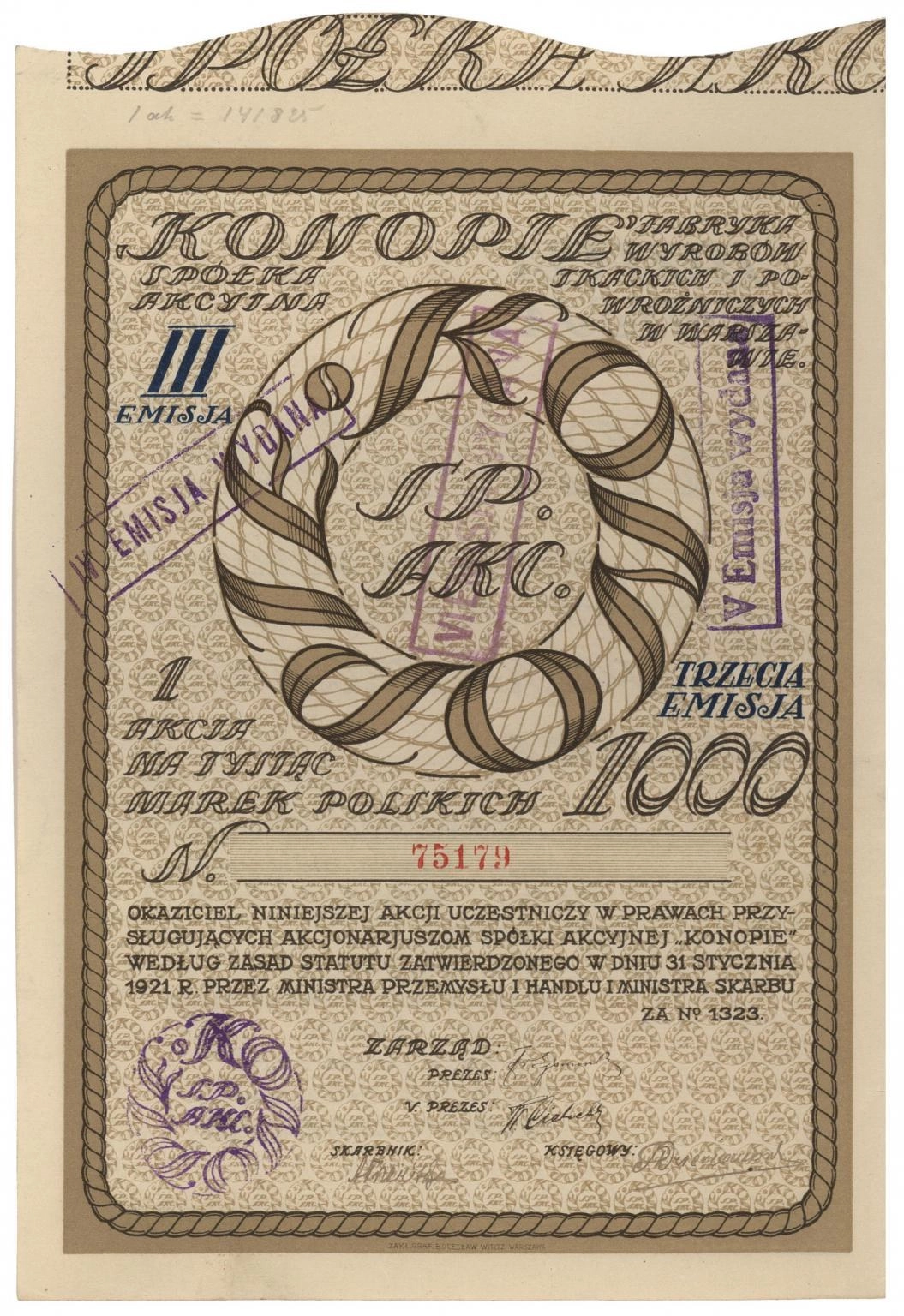 Zdjęcie akcji "Konopie" Fabryka Wyrobów Tkackich i Powroźniczych w Warszawie Spółka Akcyjna