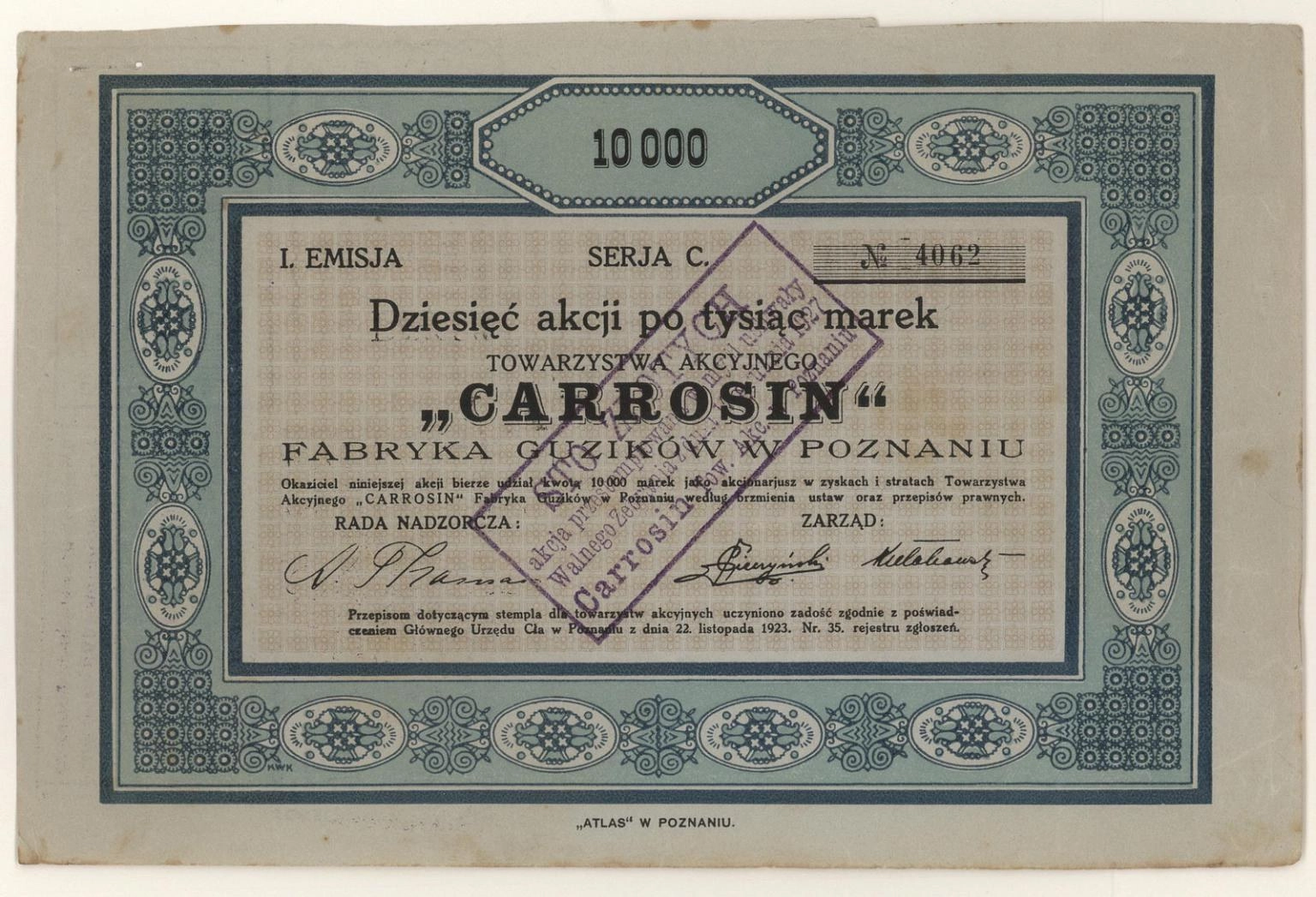 Zdjęcie akcji "Carrosin" Fabryka Guzików w Poznaniu Towarzystwo Akcyjne