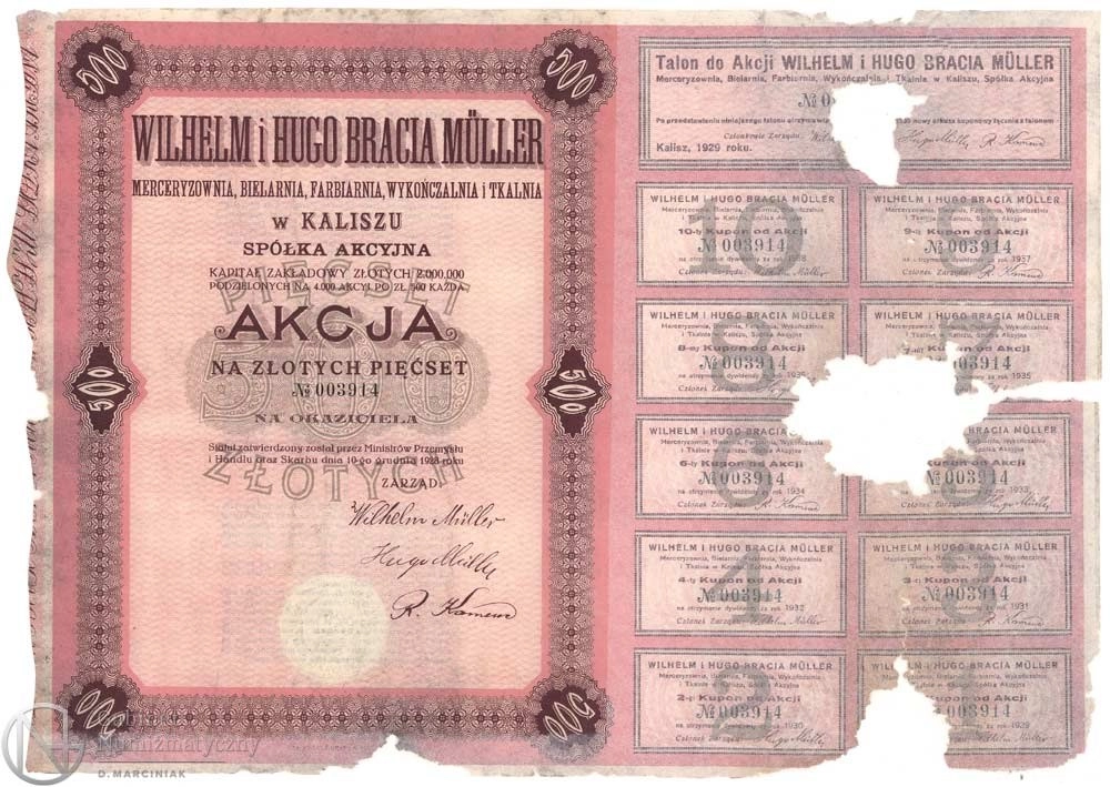 Zdjęcie akcji "Wilhelm i Hugo Bracia Müller" Merceryzownia, Bielarnia, Farbiarnia, Wykończalnia i Tkalnia w Kaliszu Spółka Akcyjna