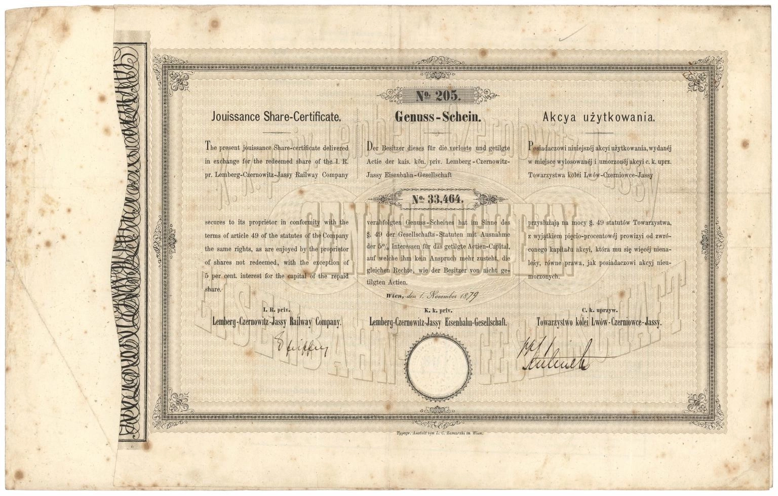 Zdjęcie akcji Cesarsko Królewskie Uprzywilejowane Towarzystwo Kolei Lwów-Czerniowce-Jassy