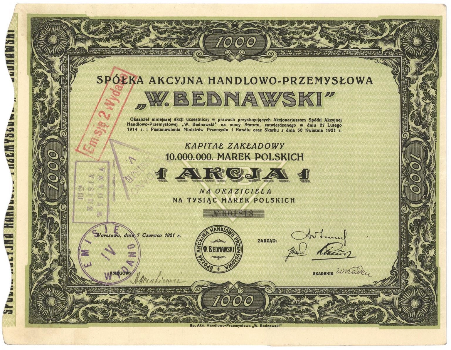 Zdjęcie akcji Spółka Akcyjna Handlowo-Przemysłowa "W. Bednawski"