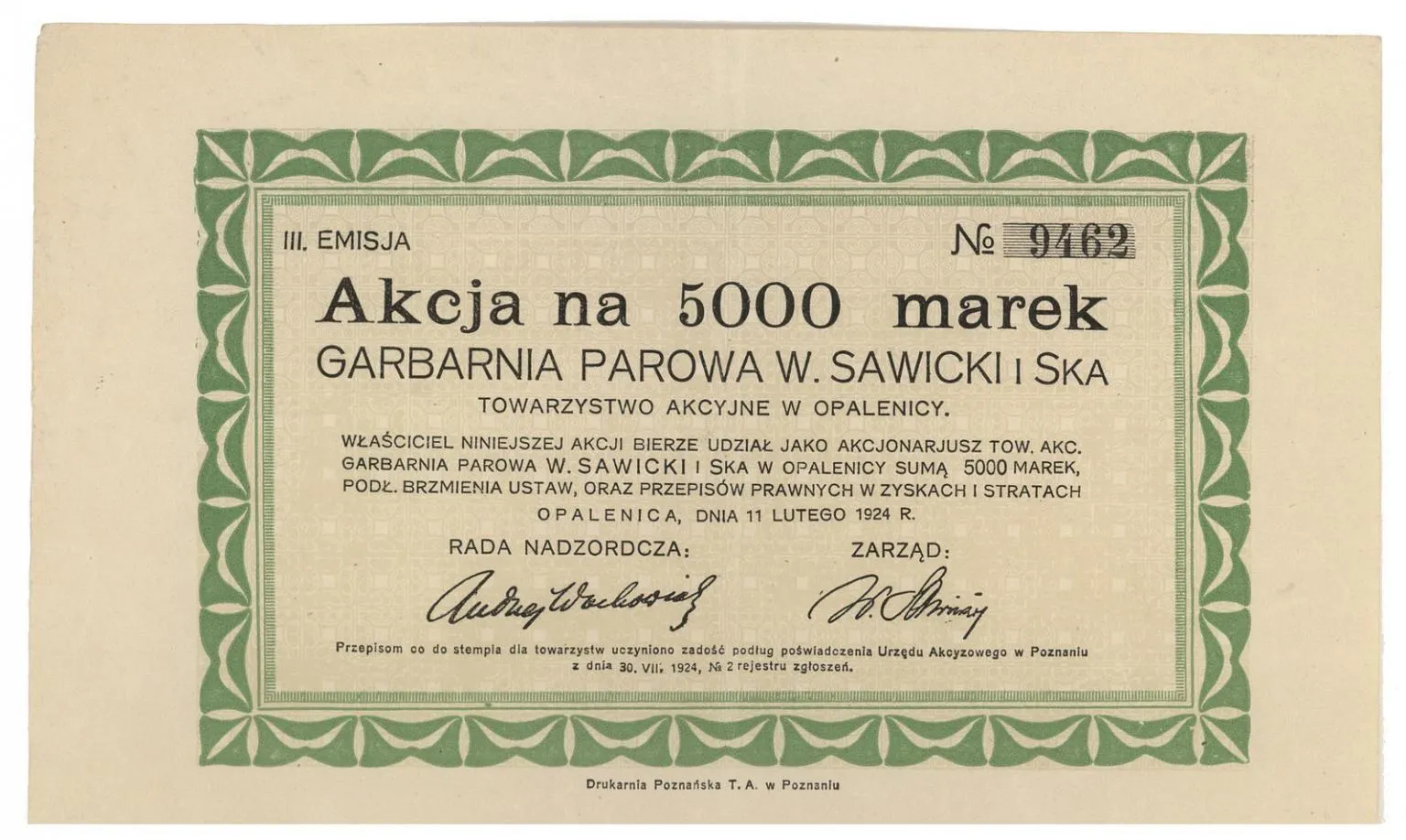 Zdjęcie akcji Garbarnia Parowa "W. Sawicki i Spółka" Towarzystwo Akcyjne w Opalenicy