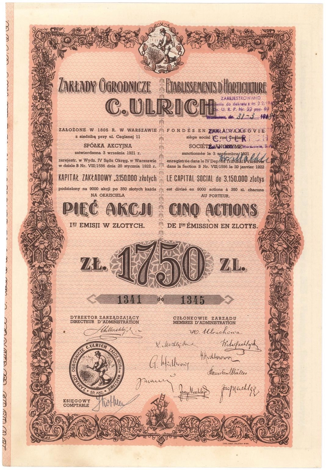 Zdjęcie akcji Zakłady Ogrodnicze "C. Ulrich" Spółka Akcyjna