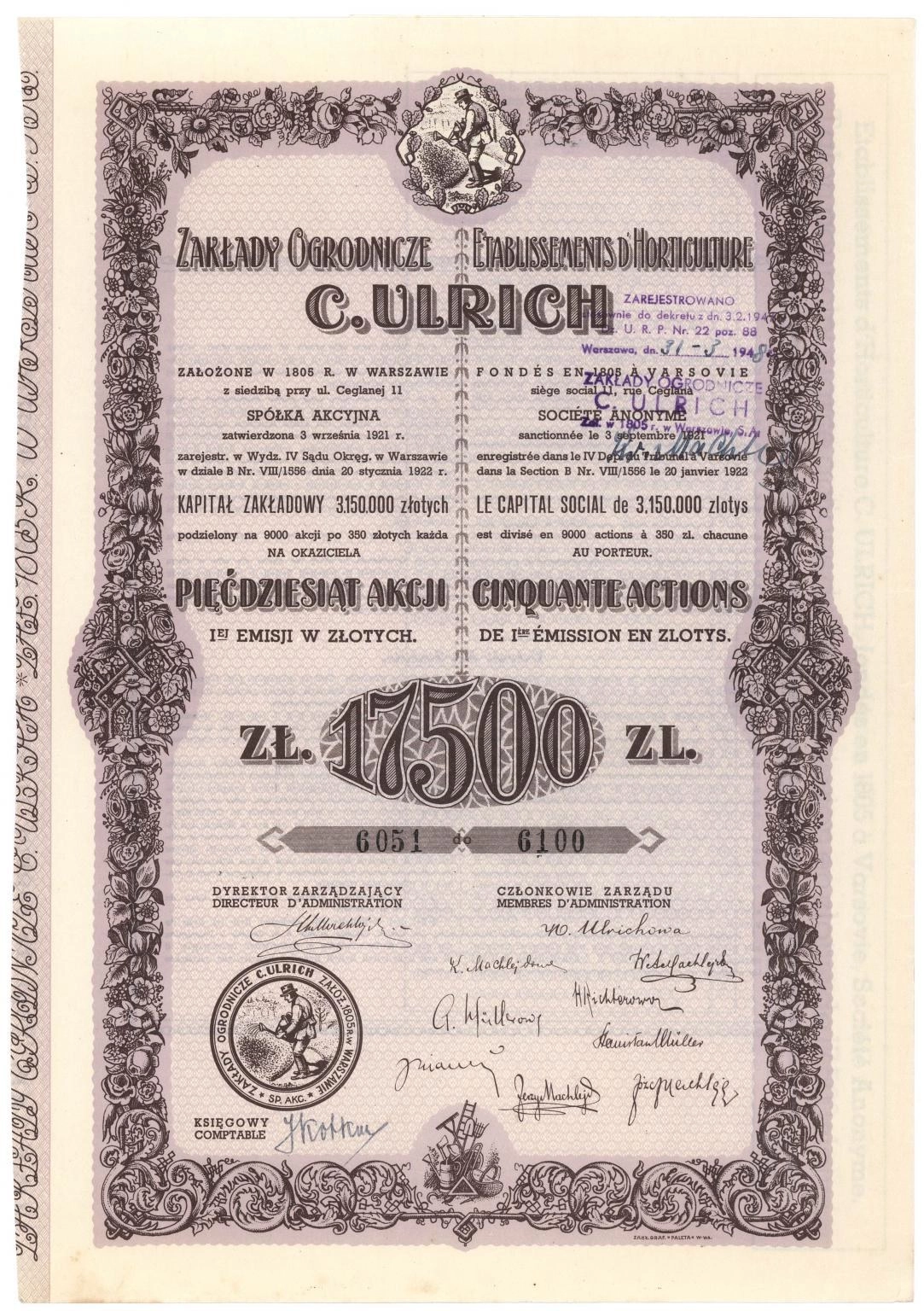 Zdjęcie akcji Zakłady Ogrodnicze "C. Ulrich" Spółka Akcyjna