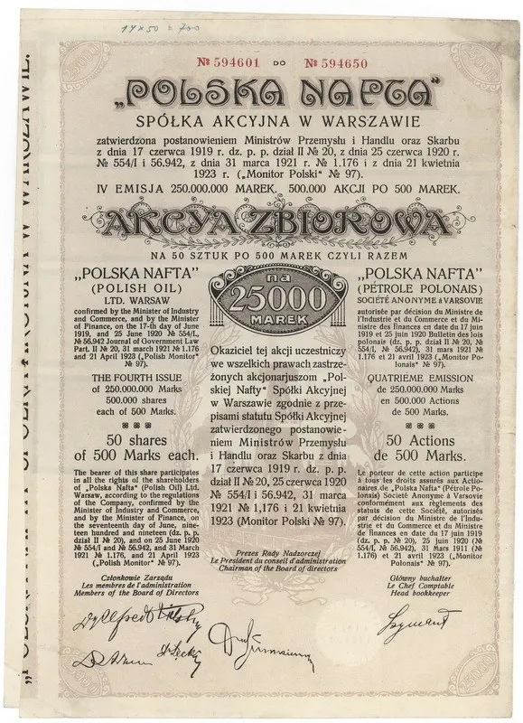 Zdjęcie akcji "Polska Nafta" Spółka Akcyjna w Warszawie