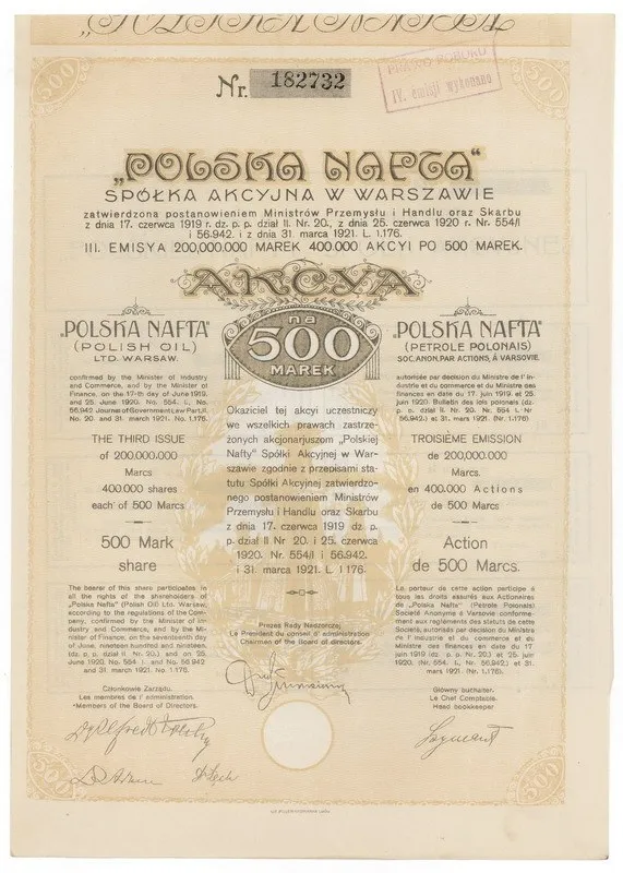 Zdjęcie akcji "Polska Nafta" Spółka Akcyjna w Warszawie