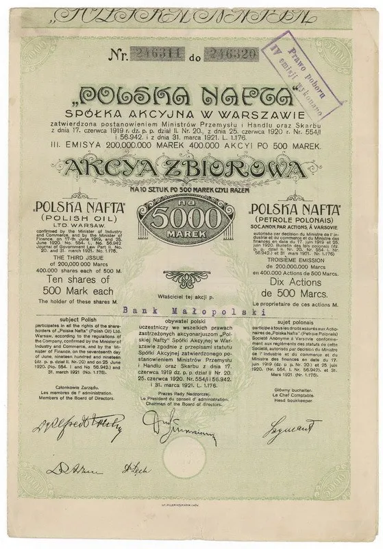 Zdjęcie akcji "Polska Nafta" Spółka Akcyjna w Warszawie