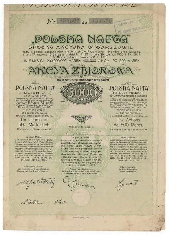 Zdjęcie akcji "Polska Nafta" Spółka Akcyjna w Warszawie