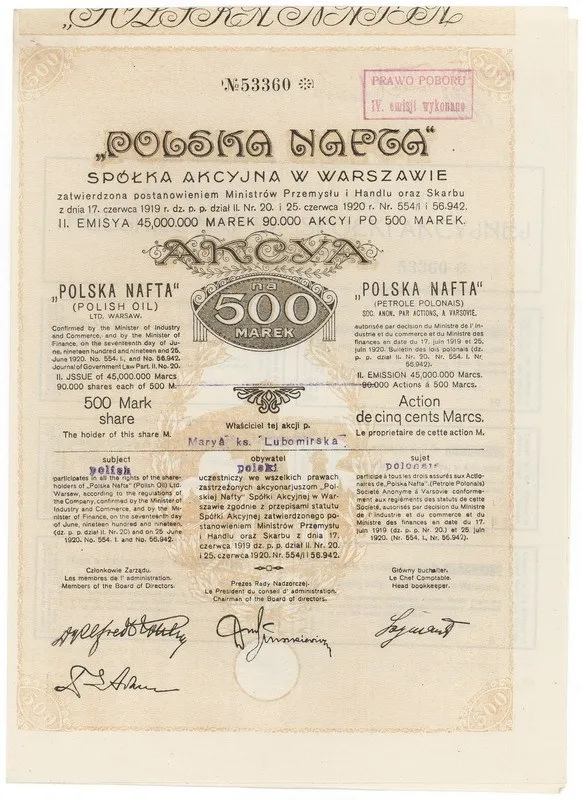 Zdjęcie akcji "Polska Nafta" Spółka Akcyjna w Warszawie