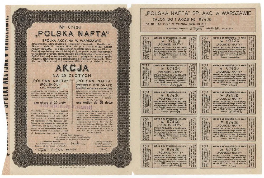 Zdjęcie akcji "Polska Nafta" Spółka Akcyjna w Warszawie