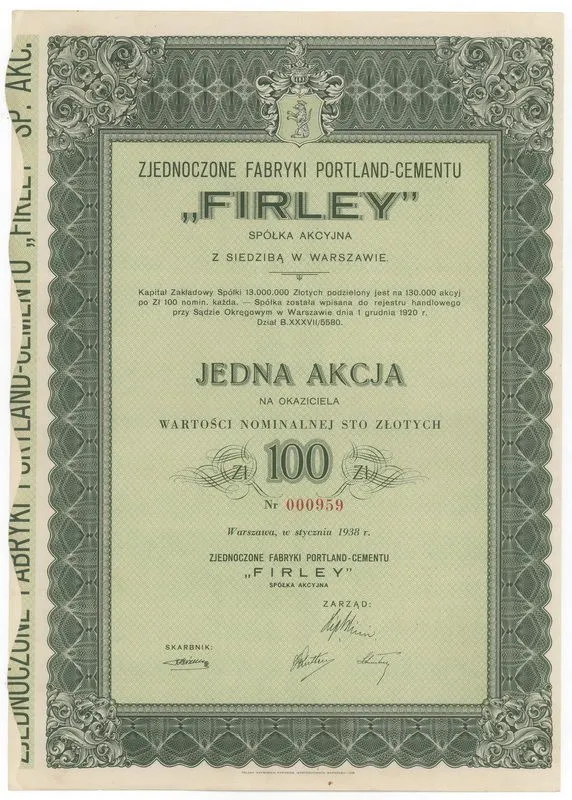 Zdjęcie akcji Zjednoczone Fabryki Portland-Cementu "Firley" Spółka Akcyjna