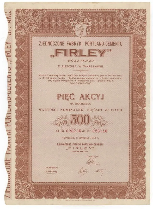 Zdjęcie akcji Zjednoczone Fabryki Portland-Cementu "Firley" Spółka Akcyjna